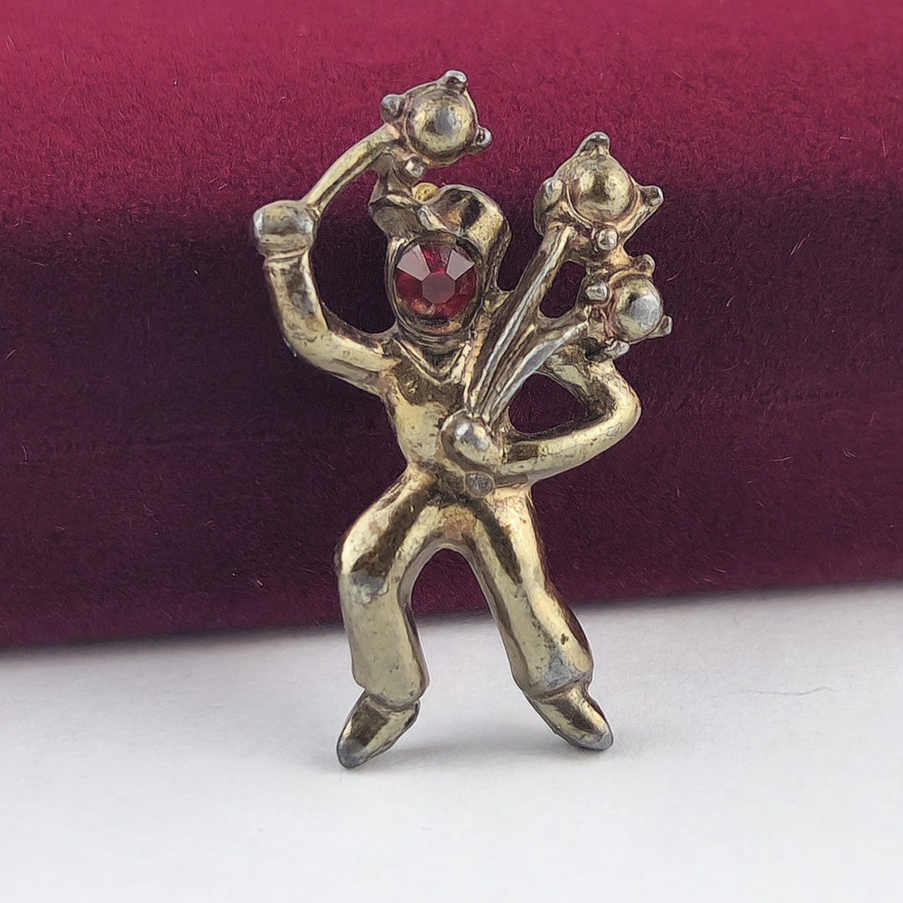Vintage Modernist Figural Brooch Abstract Person Red Rhinestone Gold Tone Pin